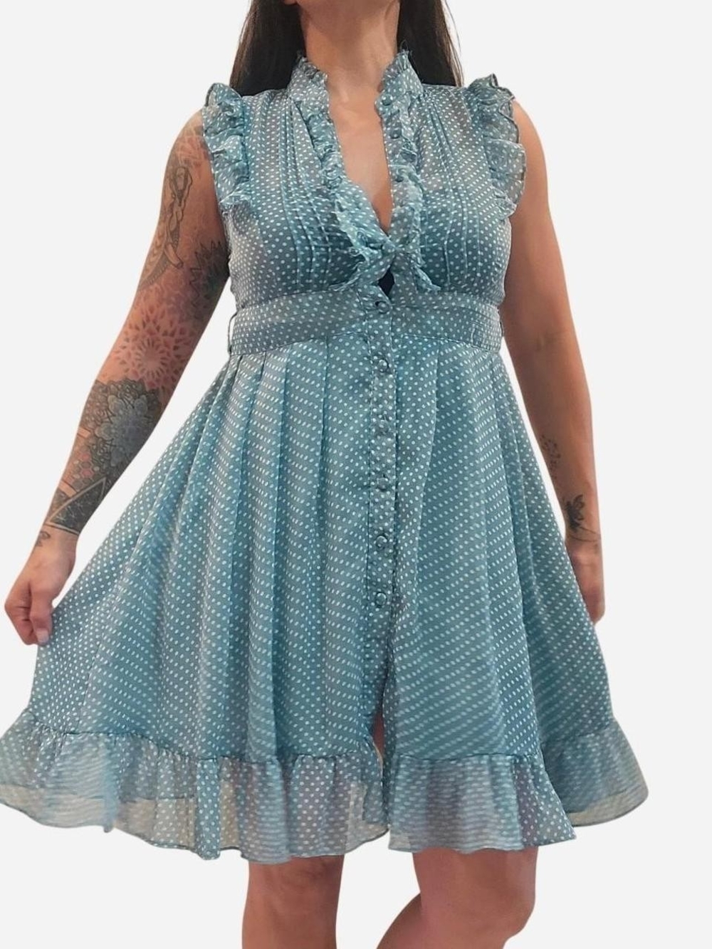 Moon Collection Blue Polka Dot Ruffle Mini Dress